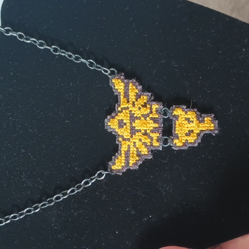 Yellow Zelda Triforce and Boss Key handmade cross stitch necklace